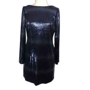 Adrianna Papell Evening Sequin Sheath Dress Backless Long Sleeves Above Knee